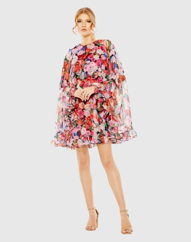 Satin mini dresses for a luxurious feelFloral Printed Cape Mini Dress