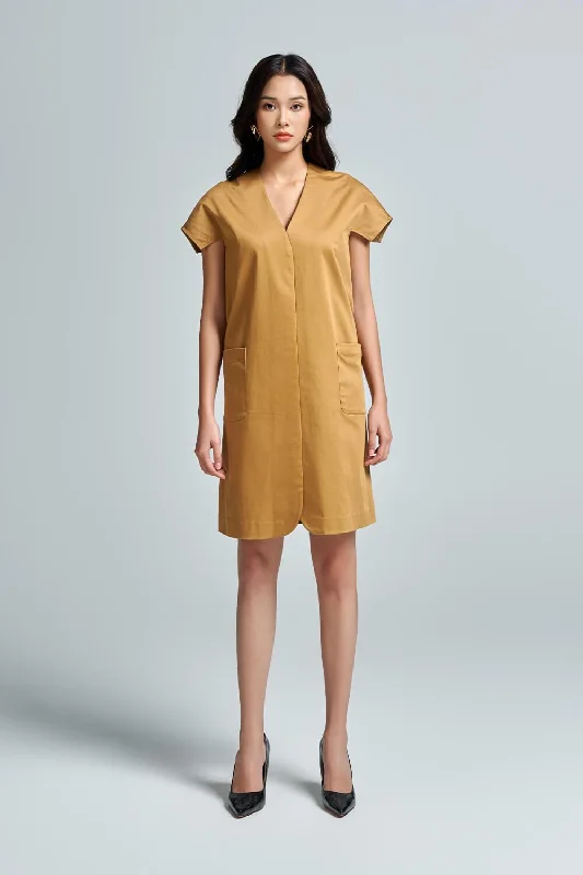 Mini dresses with V - necklines for a flattering shapeAviva Straight V-Neck Khaki Mini Dress