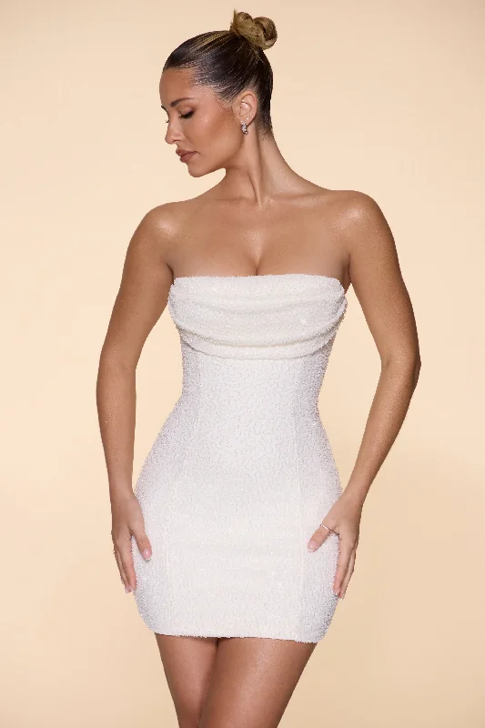 Mini dresses with pom - pom trims for a playful feelEmbellished Strapless Cowl Neck Mini Dress in Ivory Mini dresses with pom - pom trims for a playful feelEmbellished Strapless Cowl Neck Mini Dress in Ivory