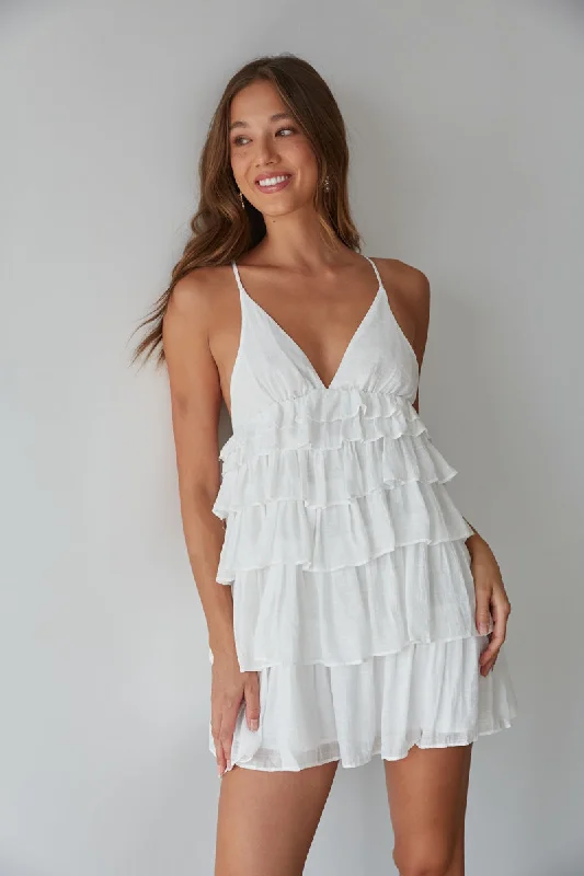 Mini dresses with spaghetti straps for a delicate lookBoardwalk Tiered Ruffle Tie Back Mini Dress