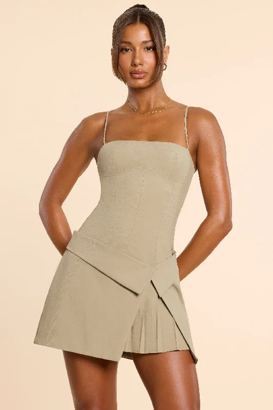 Satin mini dresses for a luxurious feelWoven Twill Wrap Over Pleated Mini Dress in Taupe Satin mini dresses for a luxurious feelWoven Twill Wrap Over Pleated Mini Dress in Taupe