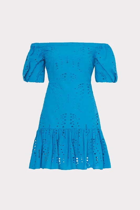 Mini dresses with ruched bodices for a feminine touchButterfly Eyelet Off The Shoulder Dress