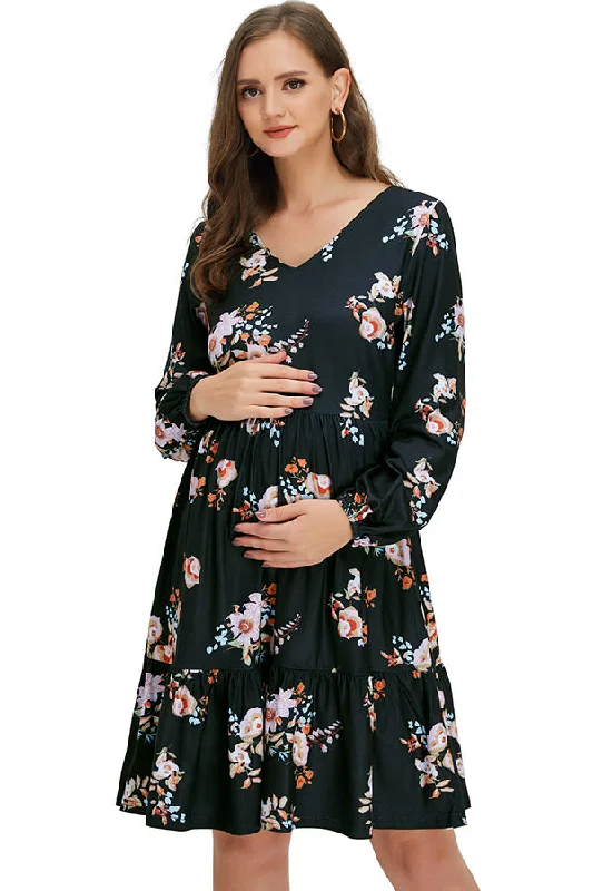 Mini dresses with button - down frontsFloral V-Neck Short Maternity Dress With Long Sleeves Mini dresses with button - down frontsFloral V-Neck Short Maternity Dress With Long Sleeves