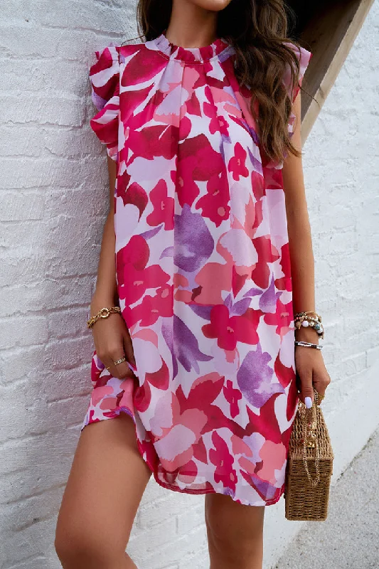 Denim mini dresses with distressed detailsMariah Red Chiffon Print Dress