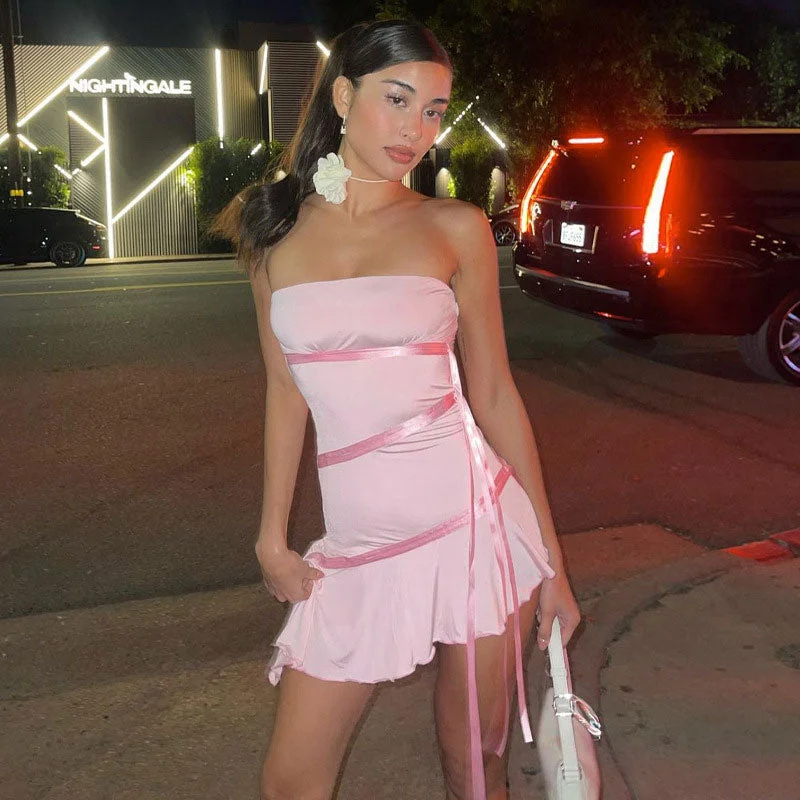 Mini dresses with tiered skirts for added volumeAdorable Solid Color Ribbon trim Ruffle Hem Strapless Mini Dress - Pink Mini dresses with tiered skirts for added volumeAdorable Solid Color Ribbon trim Ruffle Hem Strapless Mini Dress - Pink