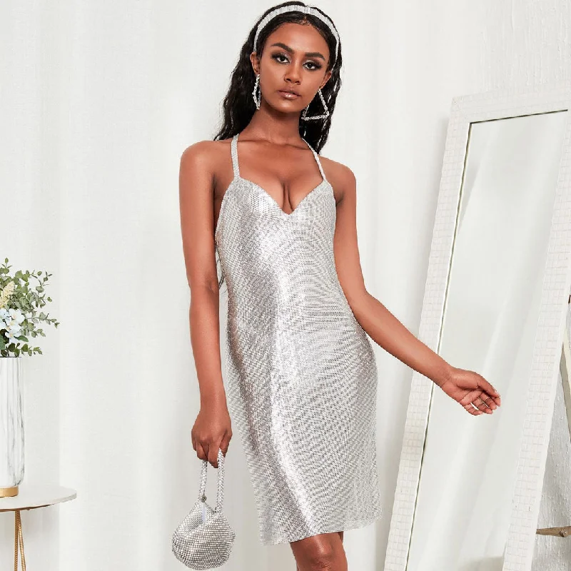 Mini dresses with cold - shoulder designsSparkling Sleeveless Crisscross Open Back Party Mini Dress - Silver Mini dresses with cold - shoulder designsSparkling Sleeveless Crisscross Open Back Party Mini Dress - Silver