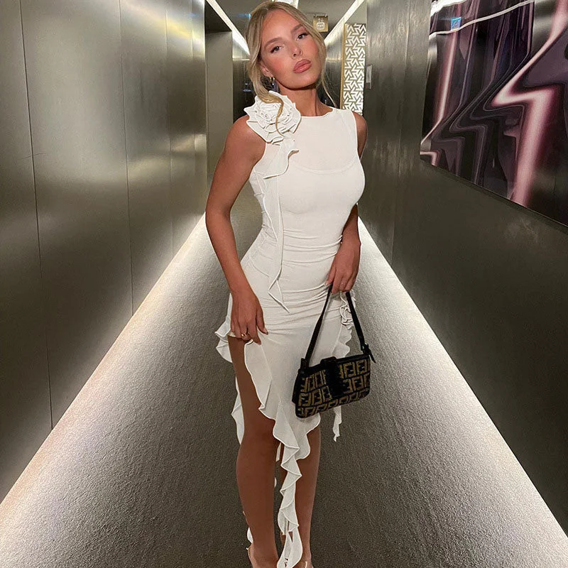 Mini dresses with high - low hems for a modern twistSheer Mesh 3D Flower Ruffle Trim Sleeveless Club Dress - White Mini dresses with high - low hems for a modern twistSheer Mesh 3D Flower Ruffle Trim Sleeveless Club Dress - White