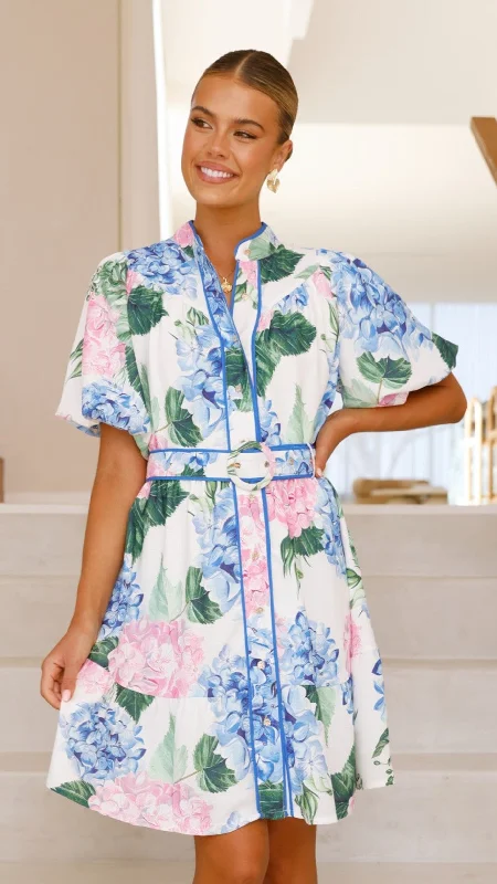 Mini dresses with criss - cross backs for a flirty lookNaras Mini Dress - Pink / Blue Floral