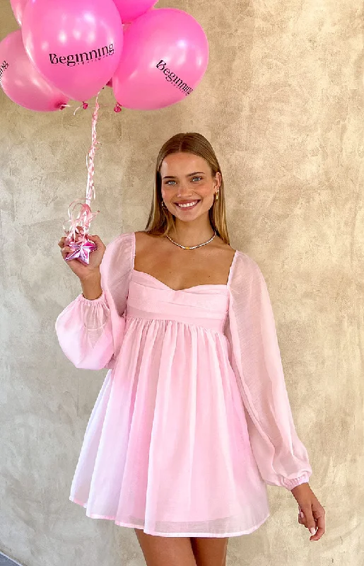 Sheer mini dresses with lace insertsNarla Pink Long Sleeve Mini Dress