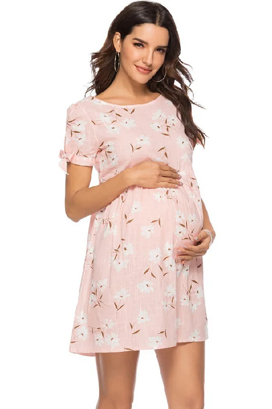 Mini dresses with patchwork designs for a unique stylePink Floral Short Maternity Dress Summer Nursing Dress