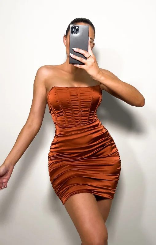 Mini dresses with fringe for a bohemian styleRust Satin Strapless Boned Corset Style Bodycon Mini Dress - Aleka