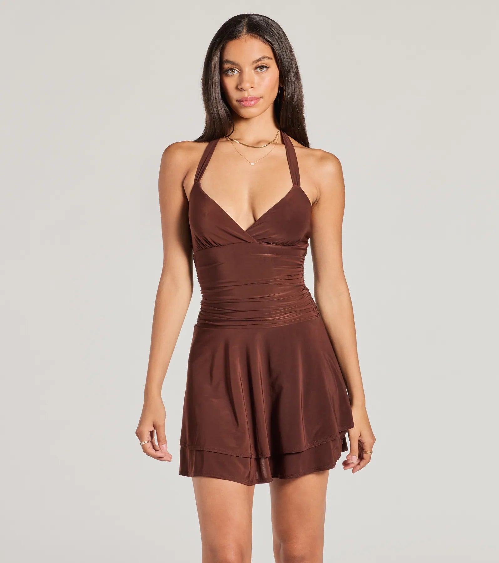 Mini dresses with belted waists for a defined silhouetteSassy Style Ruched Knit Halter Skater Dress