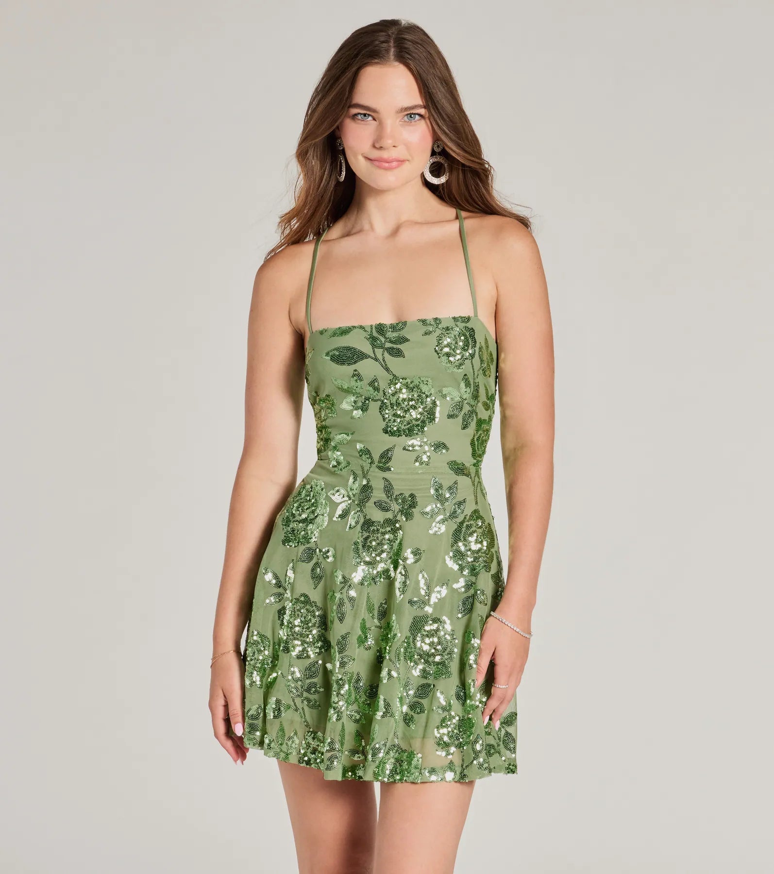 Linen mini dresses for a breathable summer optionSparkling Beauty Lace-Up Floral Sequin Skater Dress