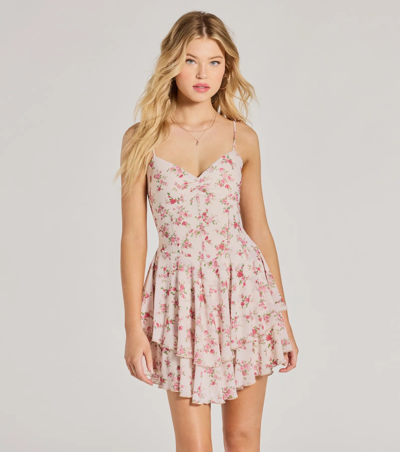 Sheer mini dresses with lace insertsTrue Love In Floral V-Neck Corset Skater Dress