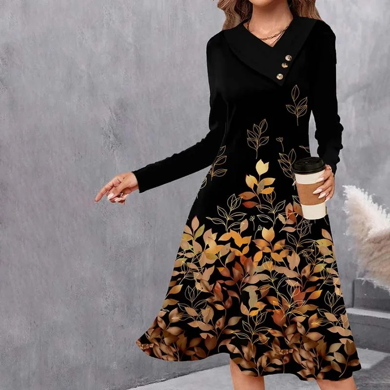 Mini dresses with V - necklines for a flattering shapeVintage Leaf Print Dress