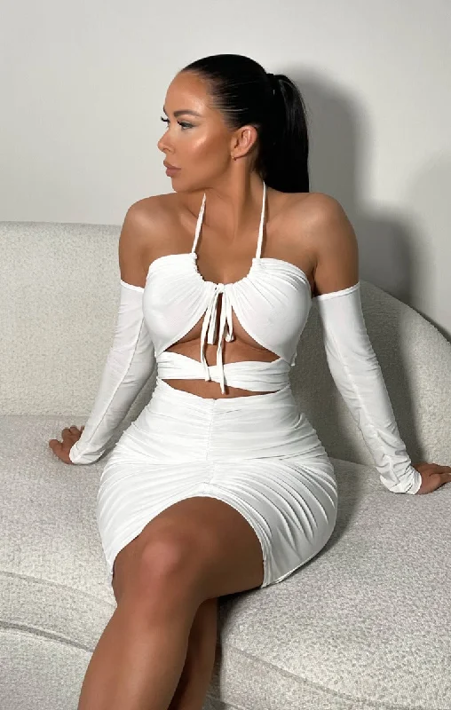 Mini dresses with criss - cross backs for a flirty lookWhite Long Sleeve Cut Out Mini Dress - Louisa
