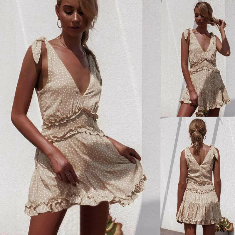 Denim mini dresses with distressed detailsFashionSierra - Women Summer Boho Casual Sleeveless Sexy Ladies Deep V-Neck Falbala Party Casual Beach Mini Dress Sundress