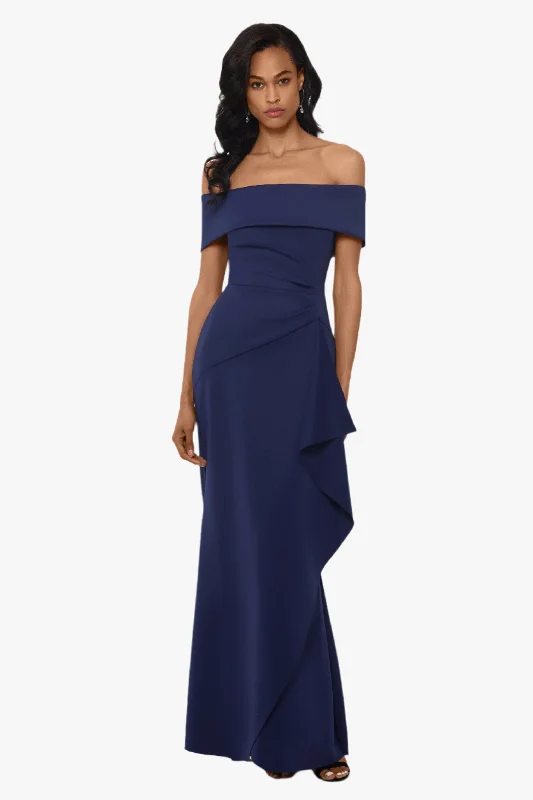 Cocktail dresses with a tassel - adorned belt and a sheath style"Adriana" Long Scuba Crepe Off the Shoulder Dress Cocktail dresses with a tassel - adorned belt and a sheath style"Adriana" Long Scuba Crepe Off the Shoulder Dress