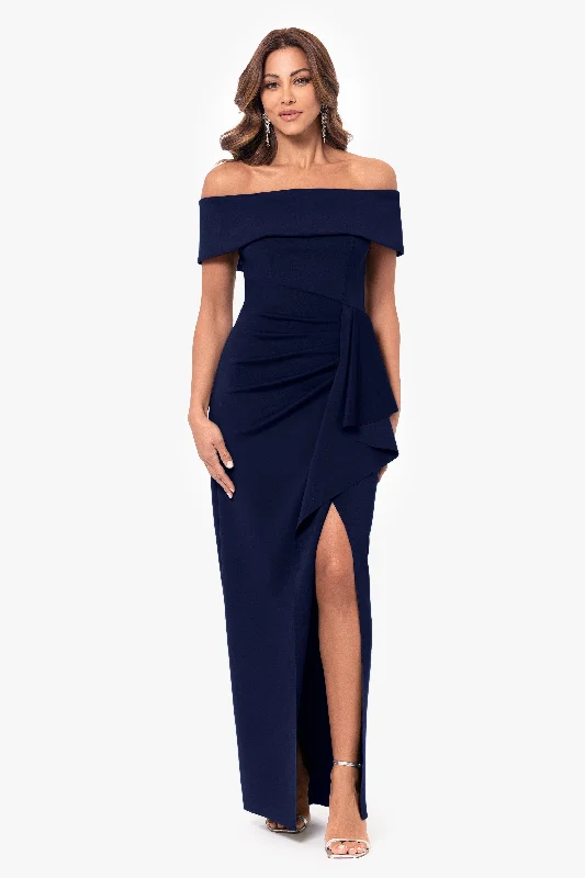 Cocktail dresses with a pom - pom trim and a short - sleeved style"Jenny" Long Scuba Off the Shoulder Rouched Dress Cocktail dresses with a pom - pom trim and a short - sleeved style"Jenny" Long Scuba Off the Shoulder Rouched Dress