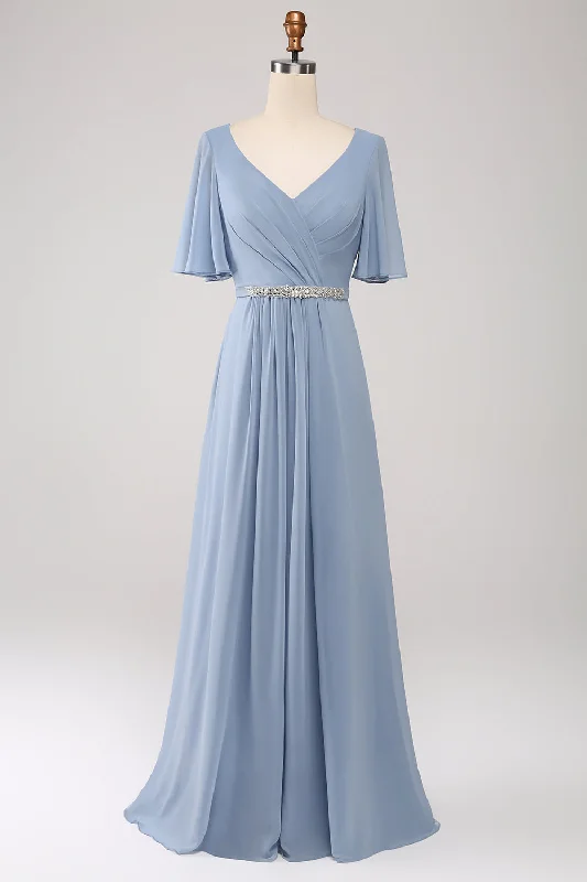 Midi wedding guest dresses in navy blue for a formal affairA-Line Chiffon Dusty Blue Long Bridesmaid Dress with Beaded Waist Midi wedding guest dresses in navy blue for a formal affairA-Line Chiffon Dusty Blue Long Bridesmaid Dress with Beaded Waist