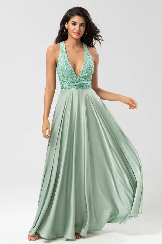 Plaid wedding guest dresses in muted colors for a fall weddingA-Line Deep V-Neck Matcha Bridesmaid Dress with Sequins