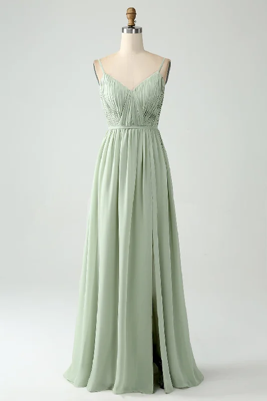 Off - the - shoulder wedding guest dresses in chiffonA-Line Dusty Sage Chiffon Spaghetti Straps Long Bridesmaid Dress with Slit Off - the - shoulder wedding guest dresses in chiffonA-Line Dusty Sage Chiffon Spaghetti Straps Long Bridesmaid Dress with Slit