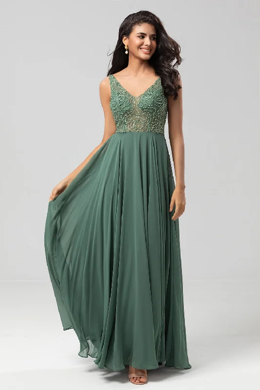 Wedding guest dresses with cold - shoulder ruffled sleeves and knee - length hemsA-Line Eucalyptus Long Bridesmaid Dress with Beading