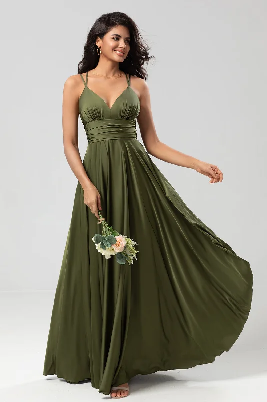 Wedding guest dresses with patchwork designs for a unique lookA-Line Satin Olive Simple Bridesmaid Dress