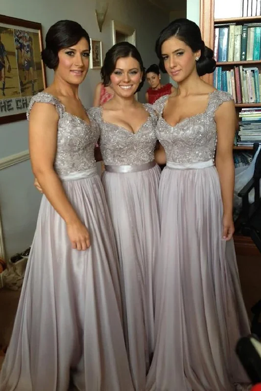 Animal - print wedding guest dresses in subtle colors for a bold statementA-Line Sleeveless Grey Long Bridesmaid Dress