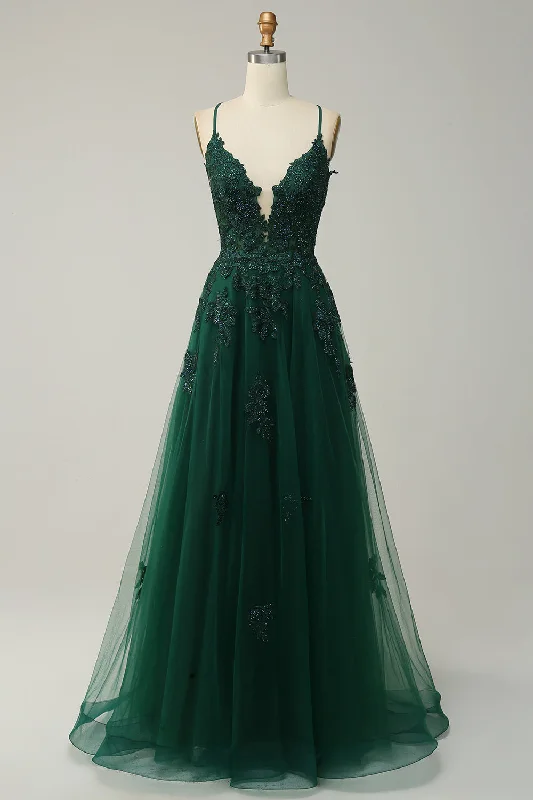 Cocktail dresses with a gathered skirt and a button - down frontA Line Spaghetti Straps Dark Green Long Prom Dress with Criss Cross Back