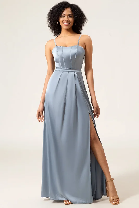 Wedding guest dresses with button - down fronts and A - line silhouettesA-Line Spaghetti Straps Dusty Blue Satin Long Bridesmaid Dress Wedding guest dresses with button - down fronts and A - line silhouettesA-Line Spaghetti Straps Dusty Blue Satin Long Bridesmaid Dress