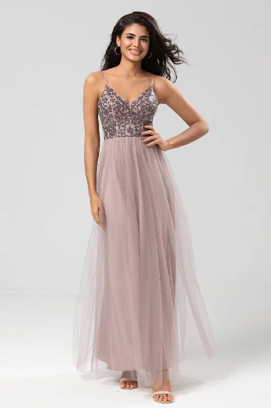 Wrap - style wedding guest dresses with bow accentsA-Line Spaghetti Straps Dusty Pink Long Bridesmaid Dress with Beading Wrap - style wedding guest dresses with bow accentsA-Line Spaghetti Straps Dusty Pink Long Bridesmaid Dress with Beading