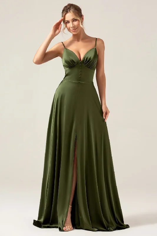 Wedding guest dresses with keyhole backs and flowing fabricsA-Line Spaghetti Straps Olive Satin Long Bridesmaid Dress with Slit Wedding guest dresses with keyhole backs and flowing fabricsA-Line Spaghetti Straps Olive Satin Long Bridesmaid Dress with Slit