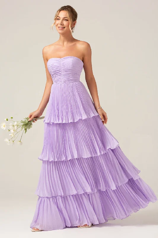 Wedding guest dresses with abstract prints and long trainsA-Line Sweetheart Tiered Chiffon Long Lilac Bridesmaid Dress Wedding guest dresses with abstract prints and long trainsA-Line Sweetheart Tiered Chiffon Long Lilac Bridesmaid Dress