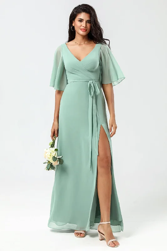 Wedding guest dresses with high - low hems and floral appliquesA-Line V-Neck Matcha Long Bridesmaid Dress with Slit Wedding guest dresses with high - low hems and floral appliquesA-Line V-Neck Matcha Long Bridesmaid Dress with Slit