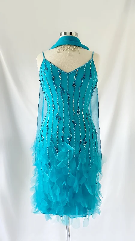 Wedding guest dresses with tassel - adorned belts and A - line skirtsAQUA CASCADE BLOSSOM PETAL SILK MINI DRESS & SCARF SET Wedding guest dresses with tassel - adorned belts and A - line skirtsAQUA CASCADE BLOSSOM PETAL SILK MINI DRESS & SCARF SET