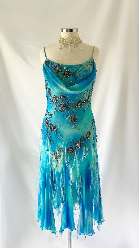 Wedding guest dresses with gathered skirts and V - necklinesBLUE FEATHER FLORAL EMBELLISHED SILK MIDI DRESS