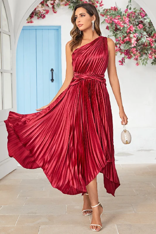 Metallic wedding guest dresses for a glamorous weddingAsymmetrical One Shoulder Burgundy Tea Length Bridesmaid Dress