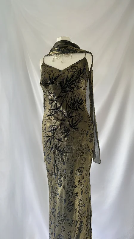 Wedding guest dresses with keyhole backs and flowing fabricsNAVY GOLDEN LEAF IRIDESCENT EMBELLISHED GOWN & SCARF SET