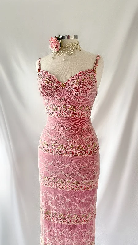 Asymmetric - hem wedding guest dresses in metallic huesBLUSHING PINK LACE BUSTIER MIDI DRESS