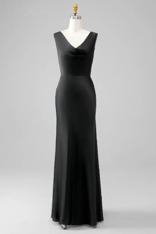 Velvet - trimmed wedding guest dresses in burgundy for a formal eventBlack Mermaid Cowl Neck Satin Long Bridesmaid Dress