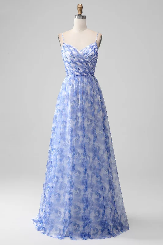 Halter - neck wedding guest dresses with beaded strapsBlue Print A Line Spaghetti Straps Long Bridesmaid Dress