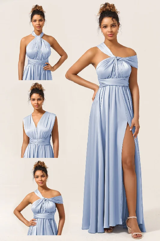 One - shoulder wedding guest dresses with beaded detailsBlue Satin Convertible Bridesmaid Dress with Slit One - shoulder wedding guest dresses with beaded detailsBlue Satin Convertible Bridesmaid Dress with Slit