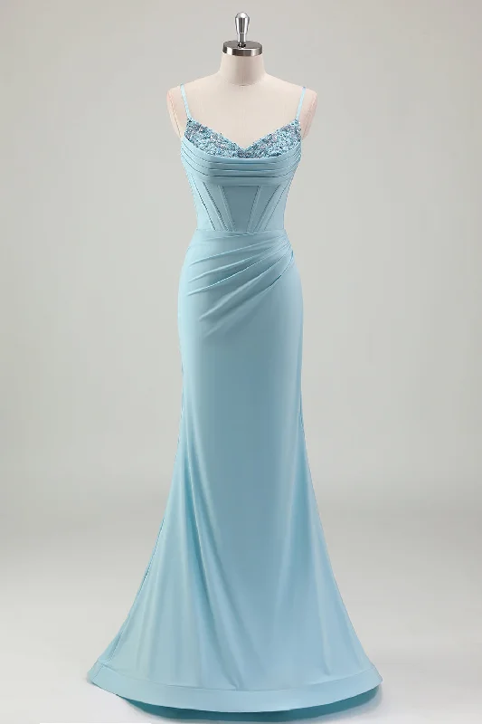 Cocktail dresses with a keyhole back and a midi - lengthBlue Mermaid Spaghetti Straps Satin Long Corset Prom Dress with Beading Cocktail dresses with a keyhole back and a midi - lengthBlue Mermaid Spaghetti Straps Satin Long Corset Prom Dress with Beading