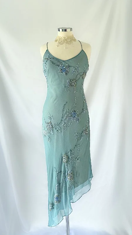 Wedding guest dresses with tiered skirts for a feminine lookICE BLUE ASYMMETRICAL FLORAL EMBELLISHED MIDI DRESS