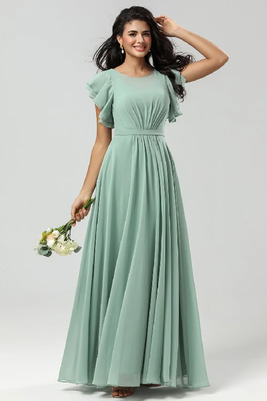 Embroidered wedding guest dresses in earthy tones for a rustic weddingBoat Neck Matcha Long Bridesmaid Dress with Ruffles Embroidered wedding guest dresses in earthy tones for a rustic weddingBoat Neck Matcha Long Bridesmaid Dress with Ruffles