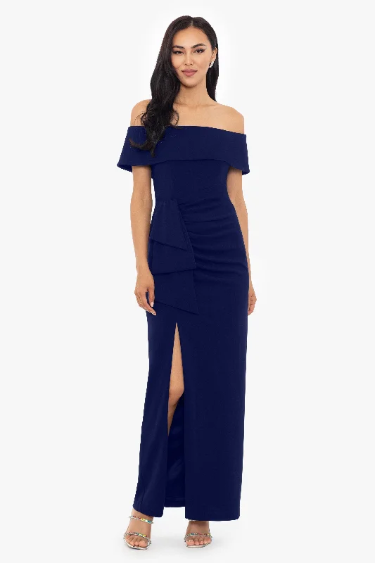 Lace - trimmed cocktail dresses in a pastel color for a soft appearance"Camila" Long Off the Shoulder Scuba Crepe Dress Lace - trimmed cocktail dresses in a pastel color for a soft appearance"Camila" Long Off the Shoulder Scuba Crepe Dress