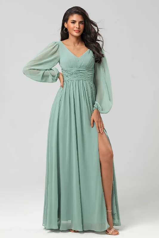 Sleeveless wedding guest dresses with ruffled hemsChiffon A-Line Long Sleeves Matcha Bridesmaid Dress with Slit Sleeveless wedding guest dresses with ruffled hemsChiffon A-Line Long Sleeves Matcha Bridesmaid Dress with Slit