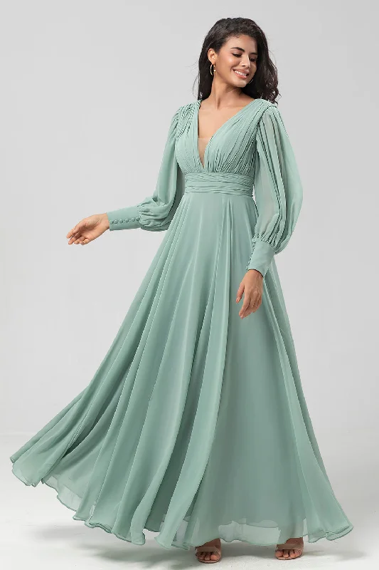 Printed wedding guest dresses with tropical motifs for beach weddingsChiffon Long Matcha Bridesmaid Dress with Button Printed wedding guest dresses with tropical motifs for beach weddingsChiffon Long Matcha Bridesmaid Dress with Button