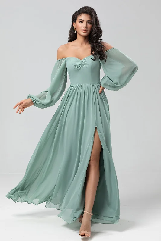 Strapless wedding guest dresses with rhinestone - studded bodicesChiffon Off The Shoulder Matcha Bridesmaid Dress with Long Sleeves Strapless wedding guest dresses with rhinestone - studded bodicesChiffon Off The Shoulder Matcha Bridesmaid Dress with Long Sleeves